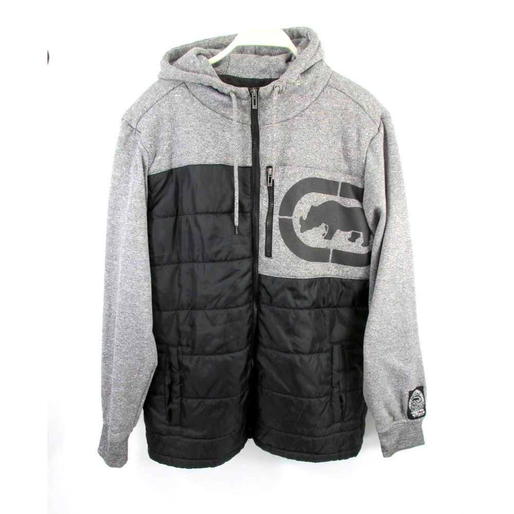 Ecko Unltd Rhino Mens Hybrid Puffer Jacket Gray Black Full Zip Hooded Large